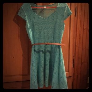 Dark Mint Blue Dress with light brown Belt